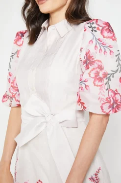 Robe Chemise Midi À Plis Nervurés En Organza Fleuri
