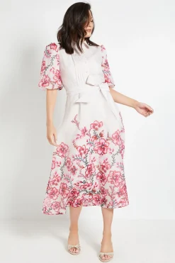 Robe Chemise Midi À Plis Nervurés En Organza Fleuri