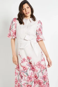 Robe Chemise Midi À Plis Nervurés En Organza Fleuri
