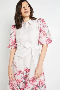 Robe Chemise Midi À Plis Nervurés En Organza Fleuri