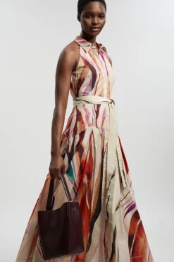 Robe Chemise Midi Tissée En Coton À Imprimé Marbré Avec Col Licou Et Détail Taille Basse