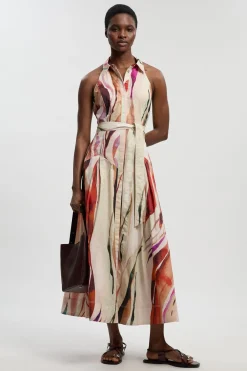 Robe Chemise Midi Tissée En Coton À Imprimé Marbré Avec Col Licou Et Détail Taille Basse