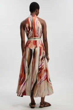Robe Chemise Midi Tissée En Coton À Imprimé Marbré Avec Col Licou Et Détail Taille Basse
