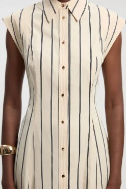 KarenMillen Robe Chemise Midi Tissée En Coton À Rayures Monochromes Avec Surpiqûres<Femme Robes Chemise|Toutes Les Robes