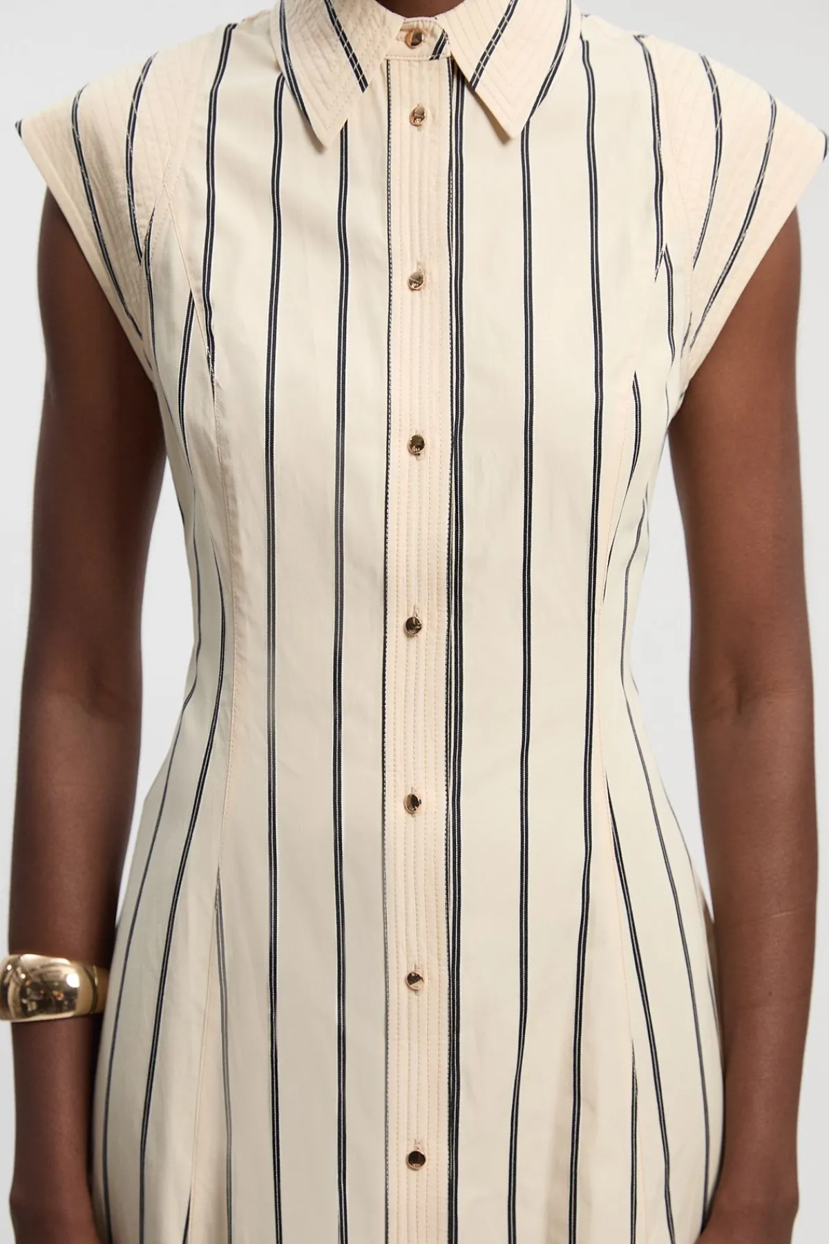 KarenMillen Robe Chemise Midi Tissée En Coton À Rayures Monochromes Avec Surpiqûres<Femme Robes Chemise|Toutes Les Robes