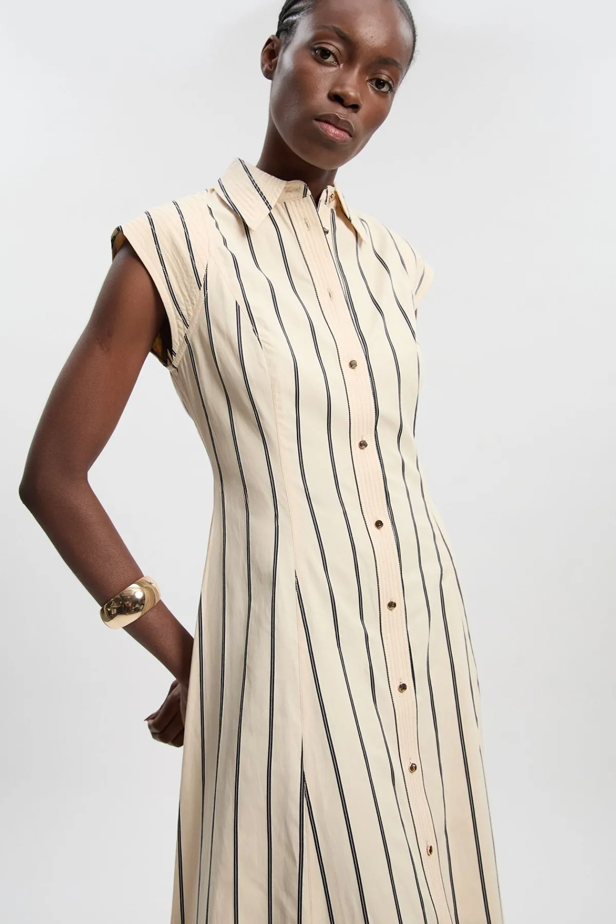KarenMillen Robe Chemise Midi Tissée En Coton À Rayures Monochromes Avec Surpiqûres<Femme Robes Chemise|Toutes Les Robes