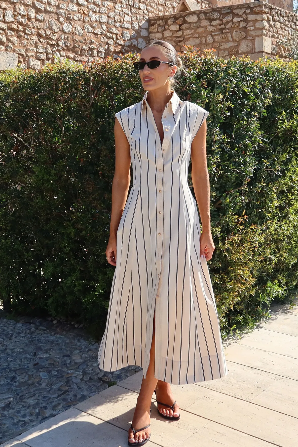KarenMillen Robe Chemise Midi Tissée En Coton À Rayures Monochromes Avec Surpiqûres<Femme Robes Chemise|Toutes Les Robes