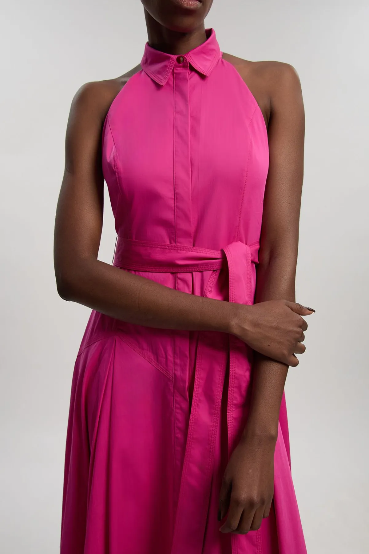 KarenMillen Robe Chemise Midi Tissée En Coton À Col Et Encolure Dos-nu Avec Détail Taille Basse<Femme Robes Mi-Longues|Robes