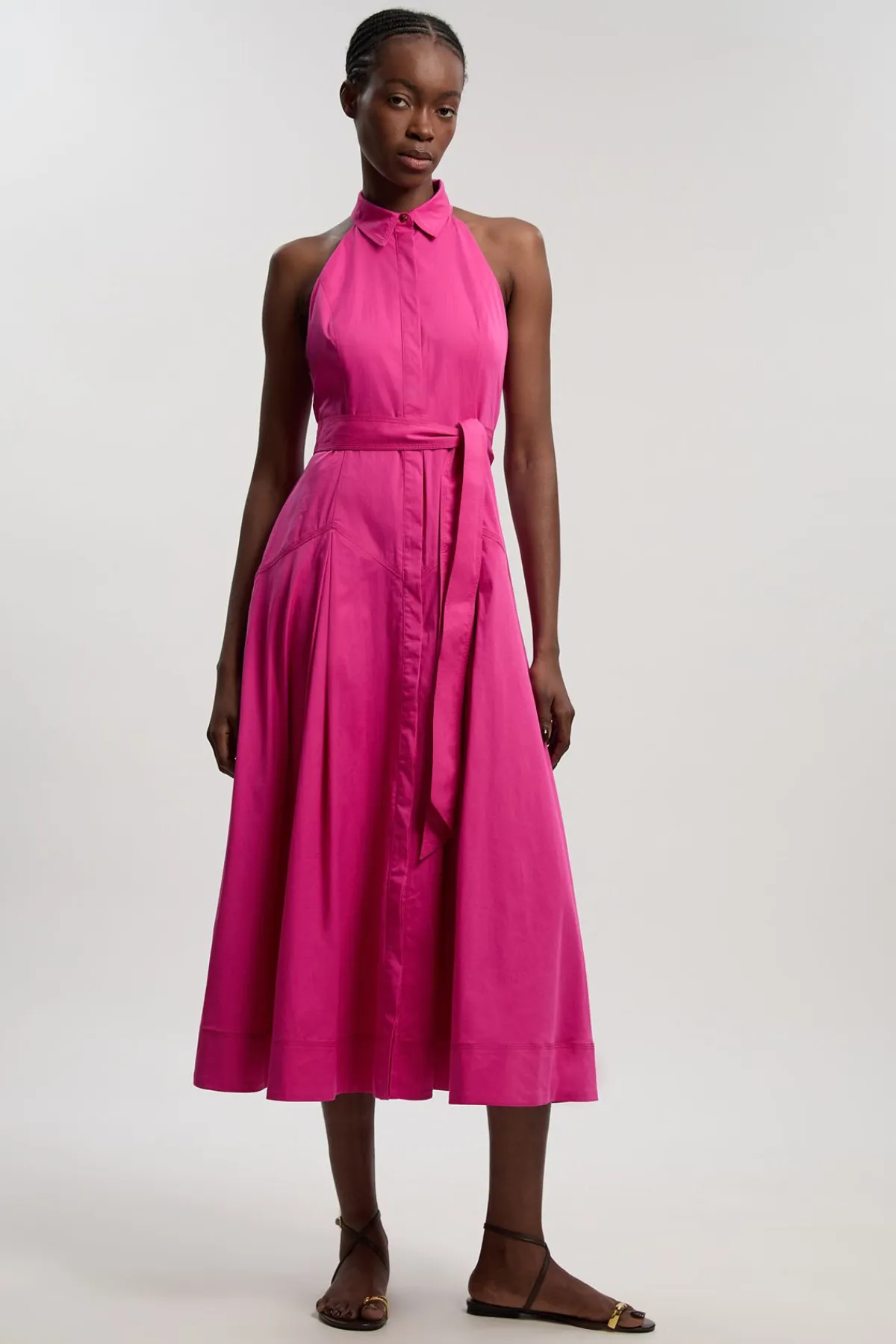KarenMillen Robe Chemise Midi Tissée En Coton À Col Et Encolure Dos-nu Avec Détail Taille Basse<Femme Robes Mi-Longues|Robes