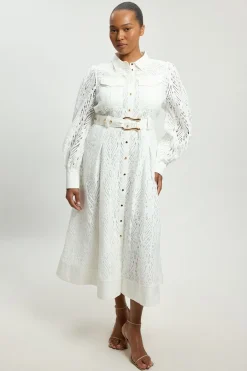 Robe Chemise Midi Tissée En Coton Avec Découpes Brodées Grande Taille