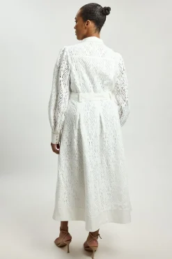 Robe Chemise Midi Tissée En Coton Avec Découpes Brodées Grande Taille
