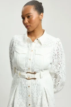 Robe Chemise Midi Tissée En Coton Avec Découpes Brodées Grande Taille