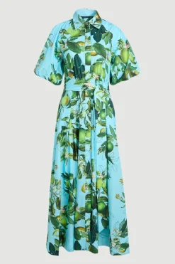 Robe Chemise Midi Tissée En Coton À Imprimé Citron Vert Avec Manches Bouffantes Et Taille Basse Pour Petite
