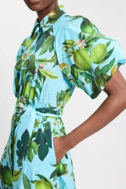 Robe Chemise Midi Tissée En Coton À Imprimé Citron Vert Avec Manches Bouffantes Et Taille Basse Pour Petite