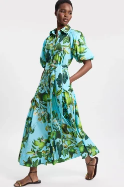 Robe Chemise Midi Tissée En Coton À Imprimé Citron Vert Avec Manches Bouffantes Et Taille Basse Pour Petite