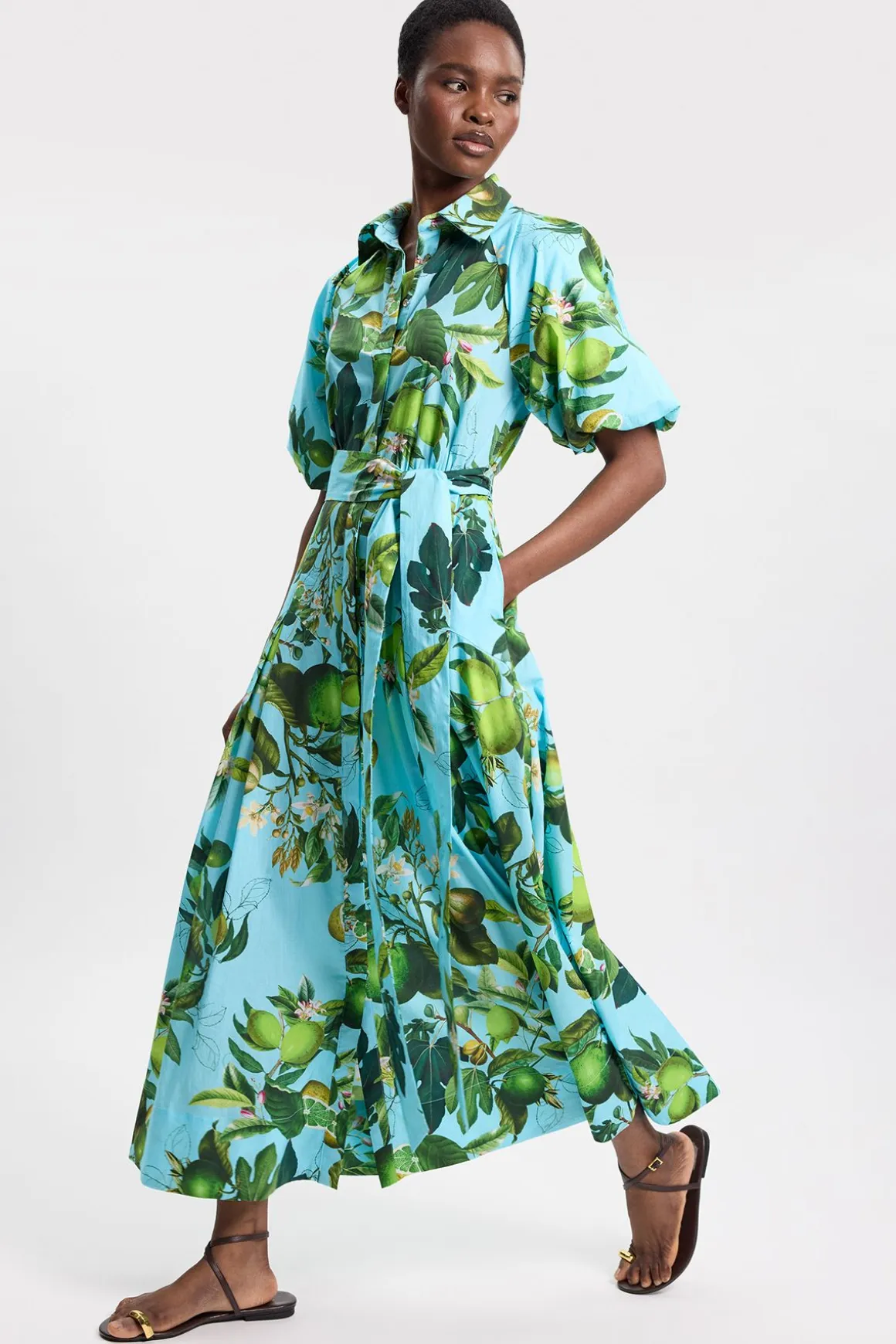 Robe Chemise Midi Tissée En Coton À Imprimé Citron Vert Avec Manches Bouffantes Et Taille Basse Pour Petite