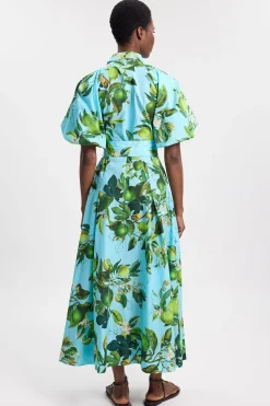 Robe Chemise Midi Tissée En Coton À Imprimé Citron Vert Avec Manches Bouffantes Et Taille Basse Pour Petite