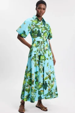 Robe Chemise Midi Tissée En Coton À Imprimé Citron Vert Avec Manches Bouffantes Et Taille Basse Pour Petite