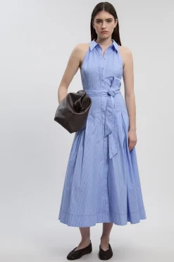 Robe Chemise Midi Tissée Petite Taille À Rayures Col Chemisier Encolure Américaine En Coton Avec Détail Taille Basse