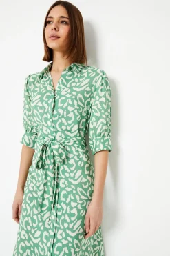 Robe Chemise Midi Verte à Motif Animal