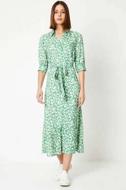 Robe Chemise Midi Verte à Motif Animal