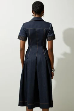 KarenMillen Robe Chemise Mi-Longue en Denim Ajustée à Jupe Évasée<Femme Tailleurs|Denim