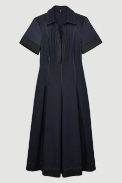 KarenMillen Robe Chemise Mi-Longue en Denim Ajustée à Jupe Évasée Petite Taille<Femme Tailleurs|Denim