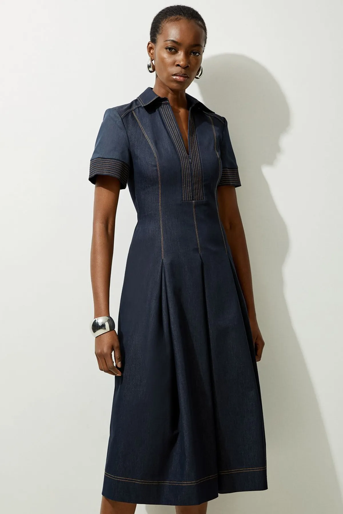 KarenMillen Robe Chemise Mi-Longue en Denim Ajustée à Jupe Évasée Petite Taille<Femme Tailleurs|Denim