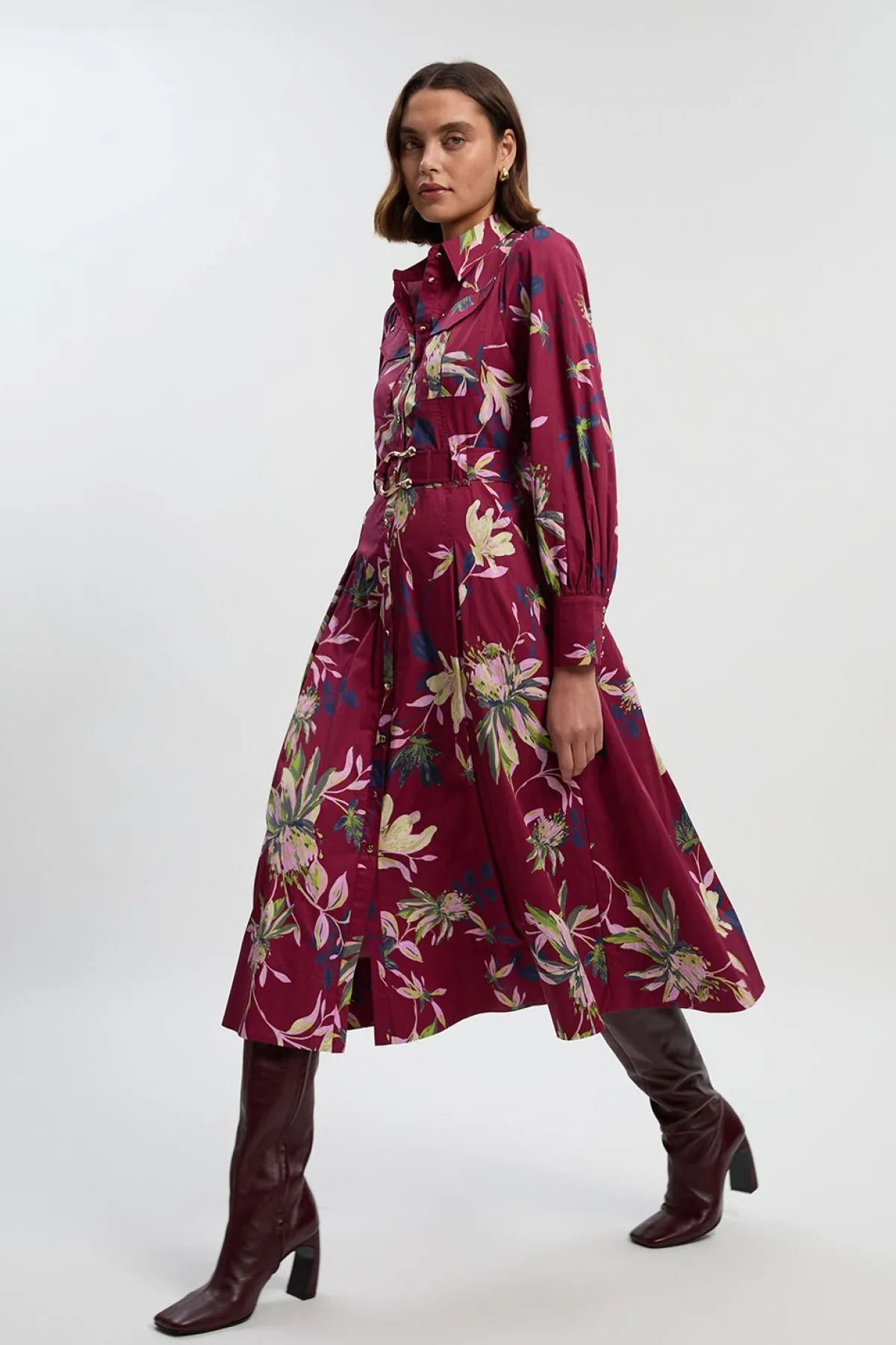 KarenMillen Robe Chemise Mi-Longue en Satin de Coton Tissé à Imprimé Floral<Femme Robes Mi-Longues|Robes À Manches Longues