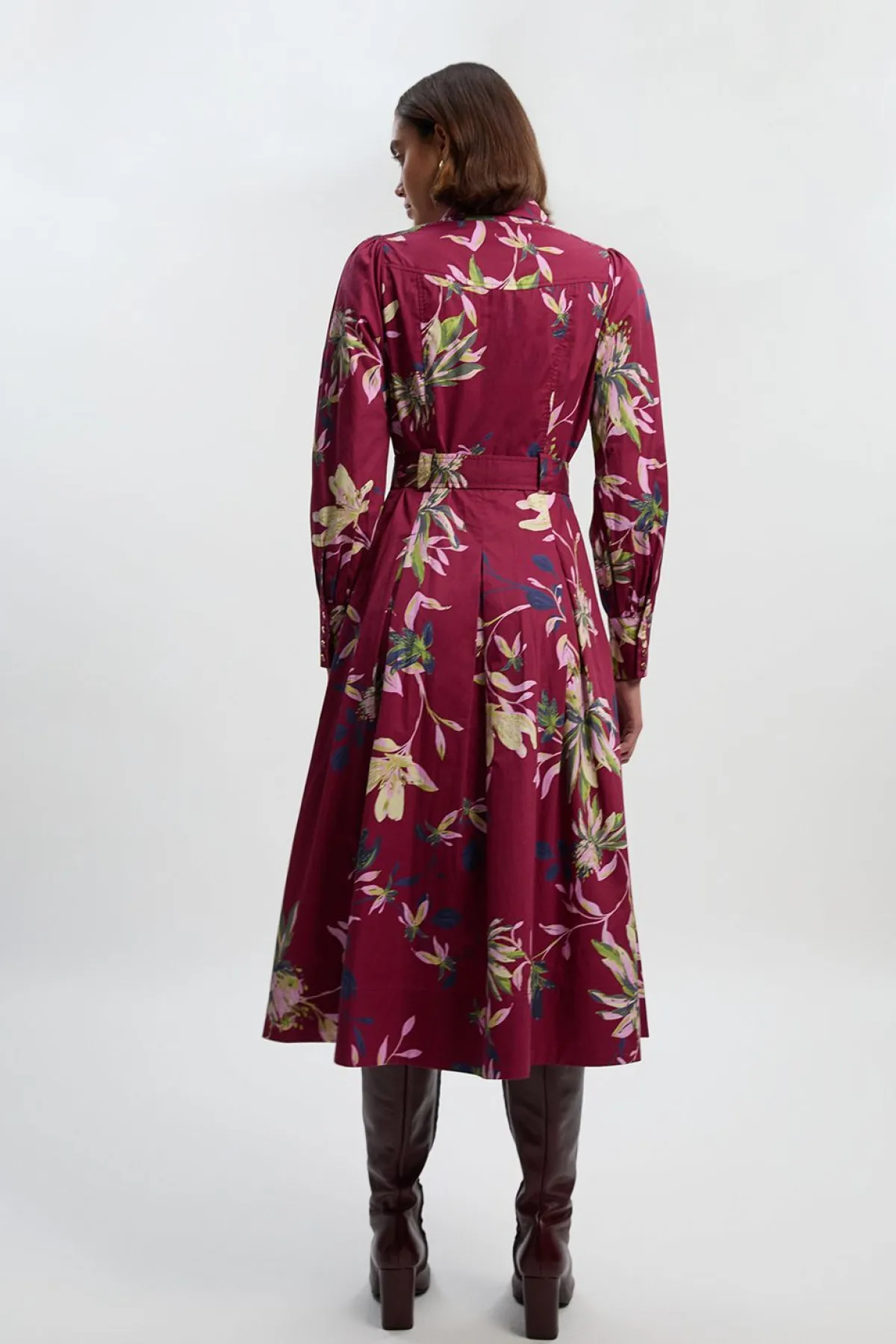 KarenMillen Robe Chemise Mi-Longue en Satin de Coton Tissé à Imprimé Floral<Femme Robes Mi-Longues|Robes À Manches Longues