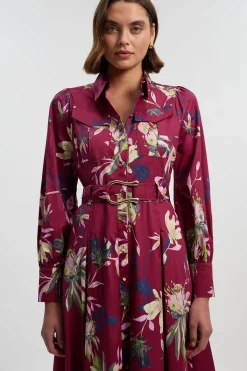 KarenMillen Robe Chemise Mi-Longue en Satin de Coton Tissé à Imprimé Floral<Femme Robes Mi-Longues|Robes À Manches Longues