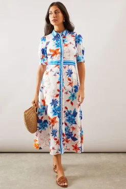 Robe Chemise Mi-Longue à Imprimé Floral avec Boutons
