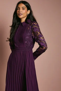 Coast Robe Chemise Mi-Longue à Manches Longues en Dentelle et Plissée<Femme Robes Mi-Longues|Satin Et Dentelle
