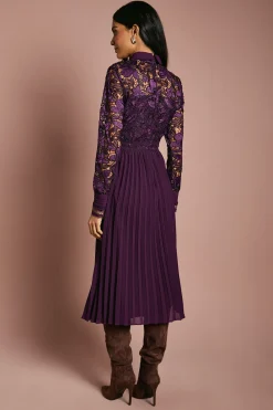 Coast Robe Chemise Mi-Longue à Manches Longues en Dentelle et Plissée<Femme Robes Mi-Longues|Satin Et Dentelle