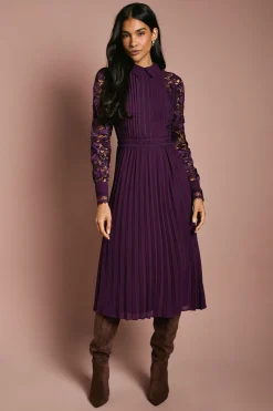 Coast Robe Chemise Mi-Longue à Manches Longues en Dentelle et Plissée<Femme Robes Mi-Longues|Satin Et Dentelle