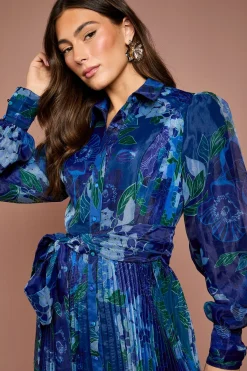 Coast Robe Chemise Mi-Longue Plissée en Organza Floral<Femme Robes Mi-Longues|Robes À Manches Longues