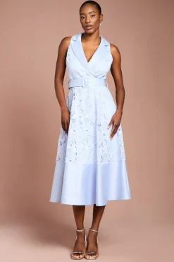Robe Chemise Mi-Longue Sans Manches en Dentelle et Satin Contrasté