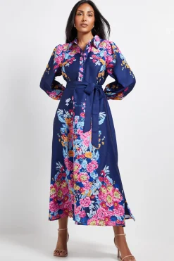 Robe Chemise Mi-Longue Western Fleurie avec Ceinture - Taille Petite