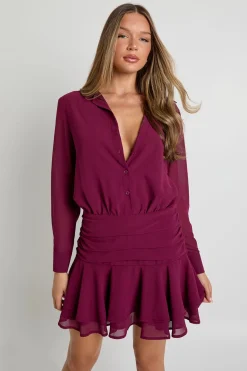 boohoo Robe chemise mini drapée en chiffon<Femme Robes À Manches Longues|Robes