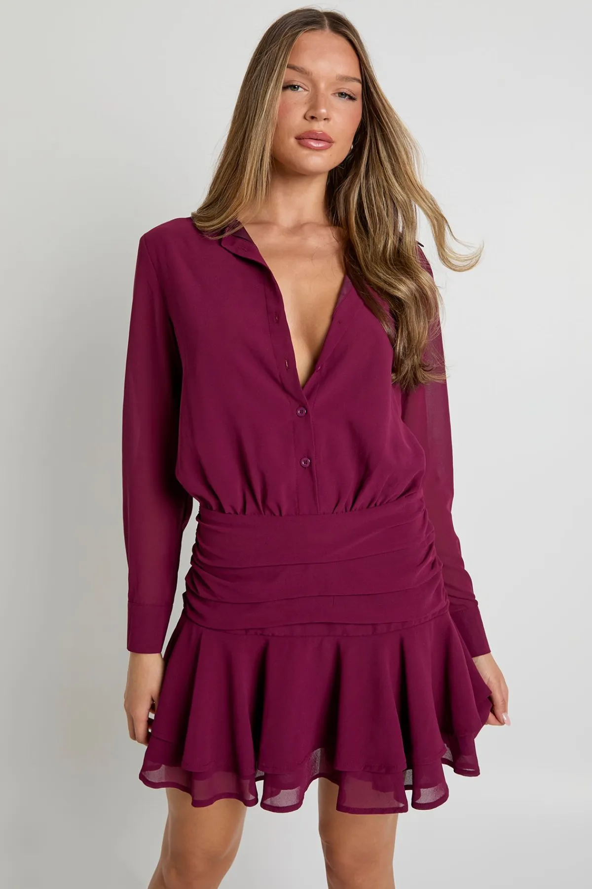 boohoo Robe chemise mini drapée en chiffon<Femme Robes À Manches Longues|Robes