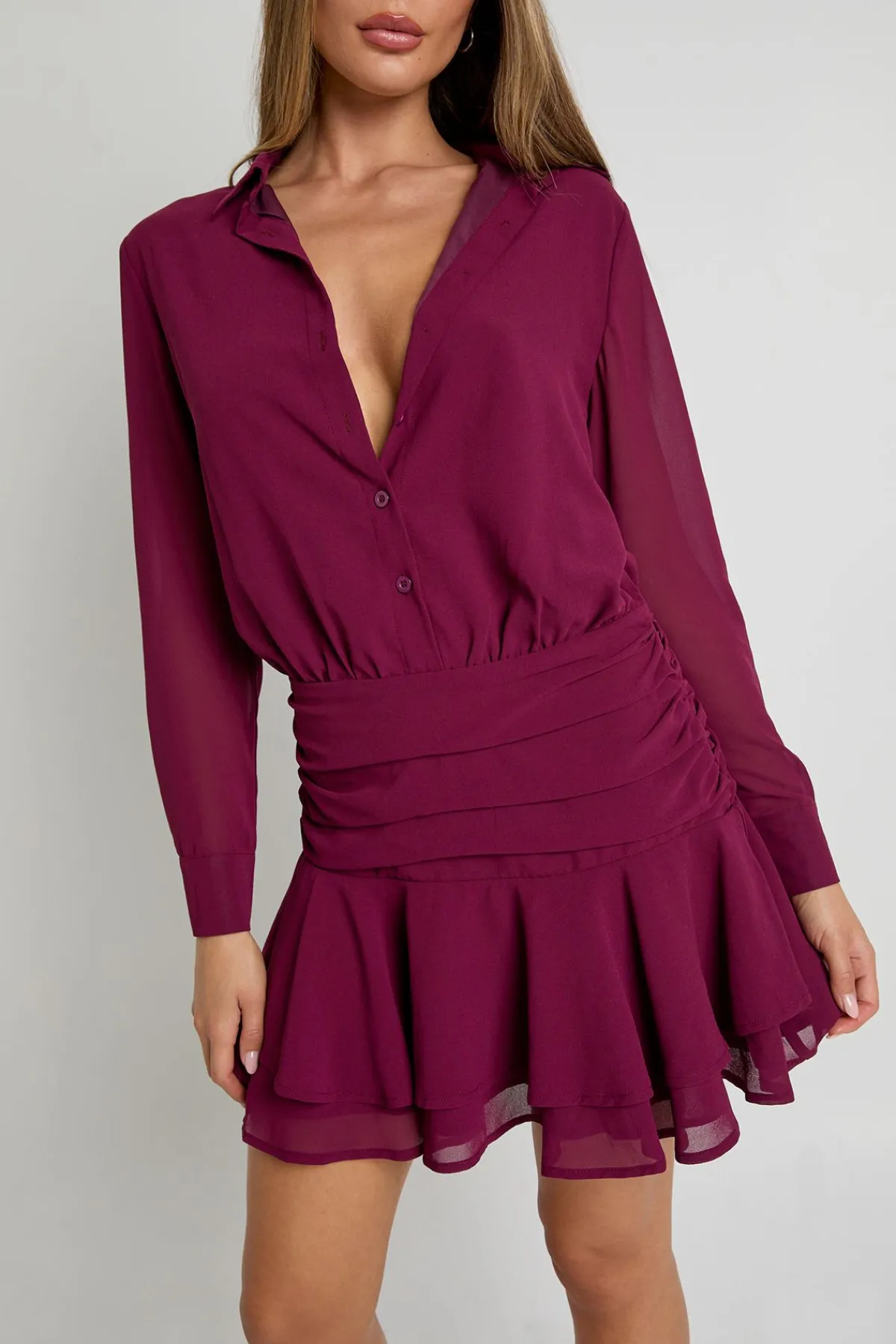 boohoo Robe chemise mini drapée en chiffon<Femme Robes À Manches Longues|Robes