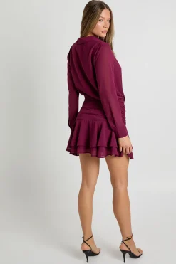boohoo Robe chemise mini drapée en chiffon<Femme Robes À Manches Longues|Robes