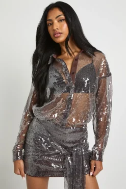 Robe-chemise mini drapée transparente à paillettes