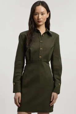 Robe Chemise Mini en Coton Techno Tissé avec Fermoirs Dorés