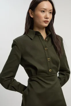 Robe Chemise Mini en Coton Techno Tissé avec Fermoirs Dorés