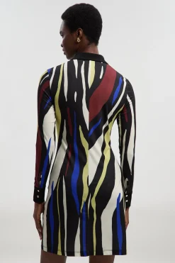 Robe Chemise Mini en Crêpe à Col avec Détails Froncés et Imprimé Zèbre Abstrait