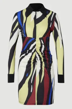 Robe Chemise Mini en Crêpe à Col avec Détails Froncés et Imprimé Zèbre Abstrait
