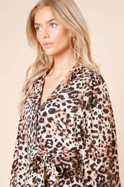 Robe Chemise Mini à Manches Bouffantes Imprimé Animal