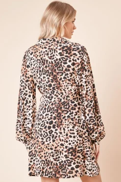 Robe Chemise Mini à Manches Bouffantes Imprimé Animal