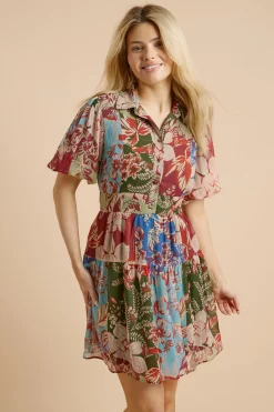 Robe Chemise Mini À Taille Basse Avec Manches Bouffantes Et Imprimé Floral Patchwork